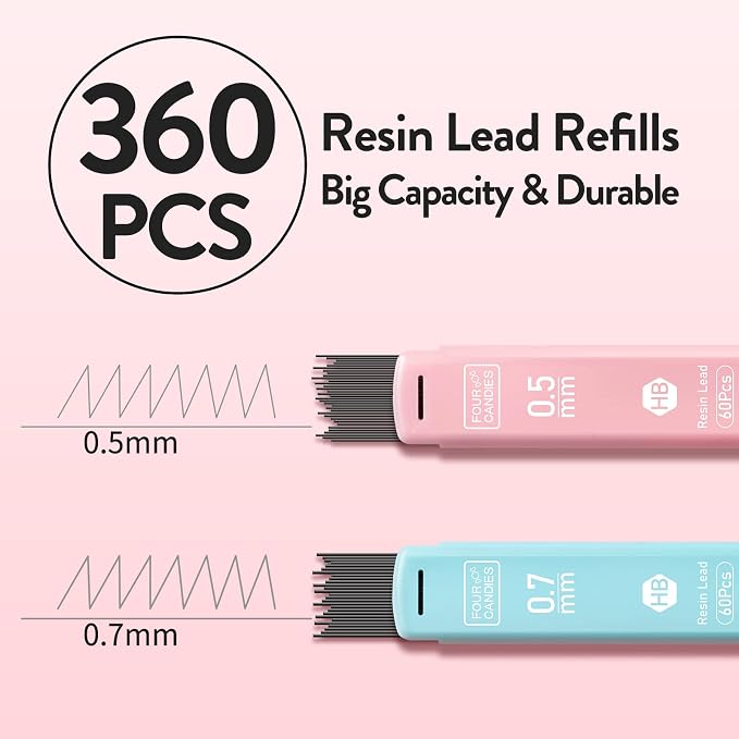 Four Candies Cute Mechanical Pencil Set, 6-Pack 0.5/0.7mm | 360 Lead Refills, 3 Erasers, 9 Eraser Refills, Storage Case, Back to School Supplies for Girls, Pastel Aesthetic Stationery