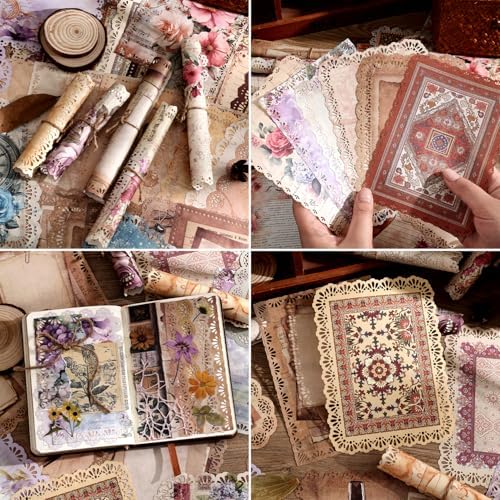 66 Sheets Lace Edged Scrapbook Paper Set, 6 Packs Vintage Decorative Paper Scrapbooking Supplies for Letter Writing Background Stationery Ephemera for Junk Journaling, DIY Art Collage 4.9x6.9 IN