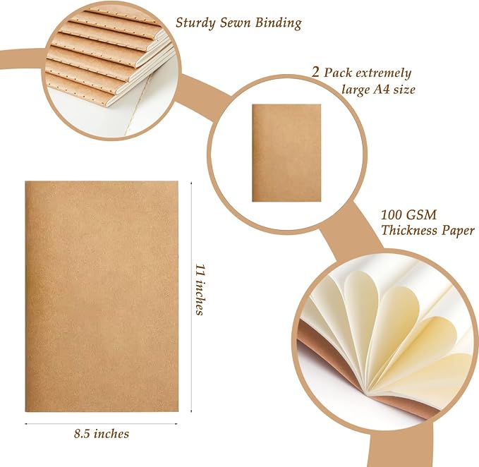 FOVGOTAN 2 Pack Blank Kraft Notebooks Set,（8" x 11" 60 Pages Journals Notebook Bulk, Unlined Composition Notebook for Kids, Student, Sketchbooks
