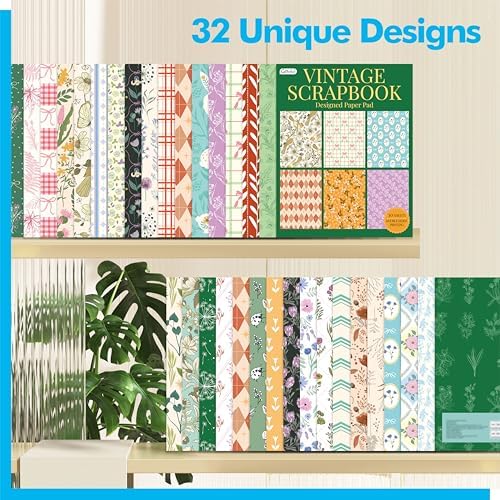 30 Sheets Vintage Style Paper Pad, Double-Sided Scrapbook Paper Retro Design with Flowers, Plants & Stripes, Decorative Scrapbooking Supplies For Card Making, Album, Stamping, Background Decoupage