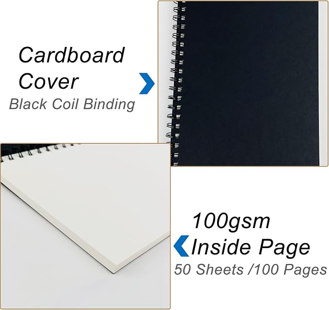 DSTELIN Blank Spiral Notebook, 3-Pack, Soft Cover, Sketch book, 100 Pages / 50 Sheets, 7.5 inch x 5.1 inch, 100GSM, (Black)
