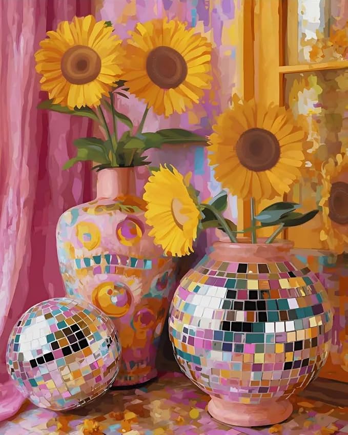 GEEHEIY Paint by Numbers Kit for Adults, Disco Sunflower Vase, 16 x 20 Inch | DIY Adult Paint by Number Kit on Canvas for Beginners, without Frame, Colorful Floral Wall Decor, Stress Relief Craft Gift
