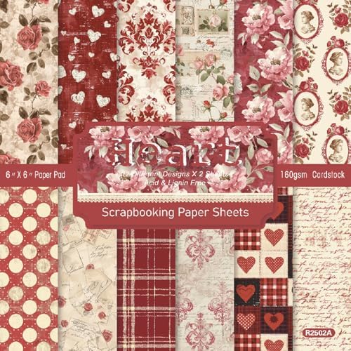 Vintage Red Scrapbooking Paper Pad - 24 Sheets 6in Flowers Aesthetic Patterned Decorative for Decoupage Journals Wrapping Folded Supplies Gift Anniversary Cards DIY Crafts Photo Album Origami