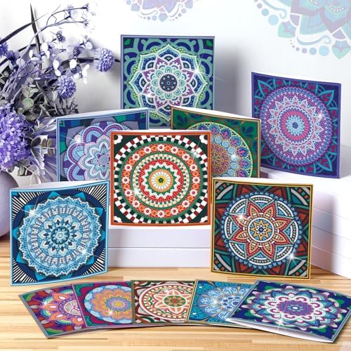 Saillong 12 Pack Mandala Diamond Painting Greeting Card Kits DIY Diamond Art Cards with Envelopes Flower 5D Rhinestones Painting Kits for Adults DIY Crafts Family Friend Birthday Gifts