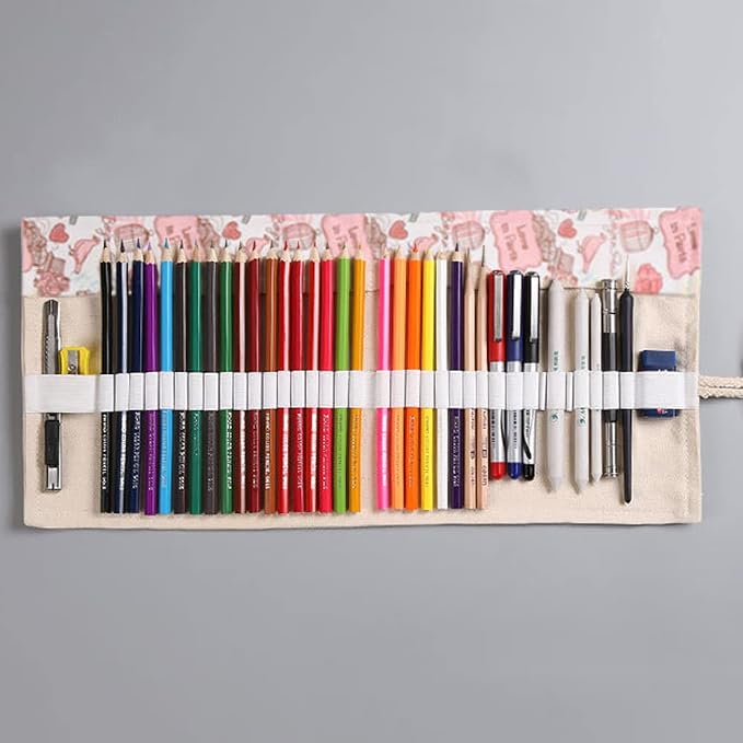 DIYOMR 24/36/72 Slots Pencil Wrap Pencil Rolls, Artist Colored Pencils Roll Up Bag Short Brushes Pouch Case Pencils Organizer for Drawing Coloring and Sketching,No Pencils (Paris Tower, 72slots)