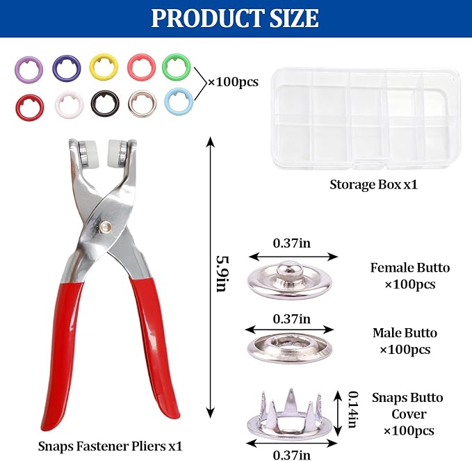 100 Sets Snap Button Kit with 10 Colors,Metal Snaps Buttons with Metal Pliers and Fastener Parts,Multicolor Press Tool Kit Perfect for DIY Clothing and Crafts(9.5mm)