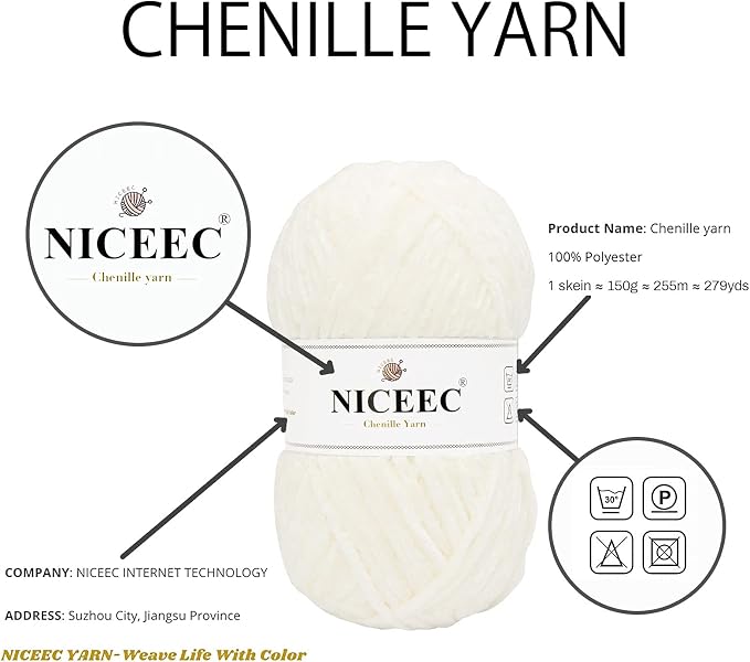 NICEEC 2 Skeins Soft Chenille Yarn 2 x255m (2X 279yds, 3X 150g)_Cream White