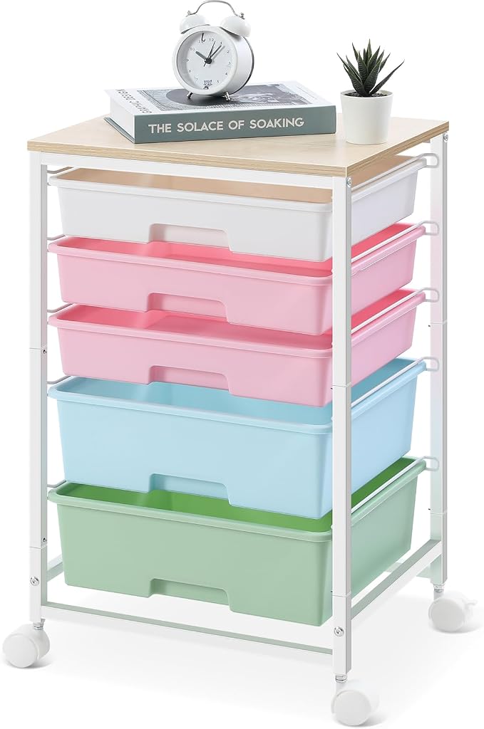 SYKIARIOL Utility Cart with 5 Drawers with Wooden Top, Rainbow | 5-Tiers Storage Cart with Drawers with Lockable Wheels for Craft Organizers and Storage,Home Office,Classroom,Dorm ,Playroom