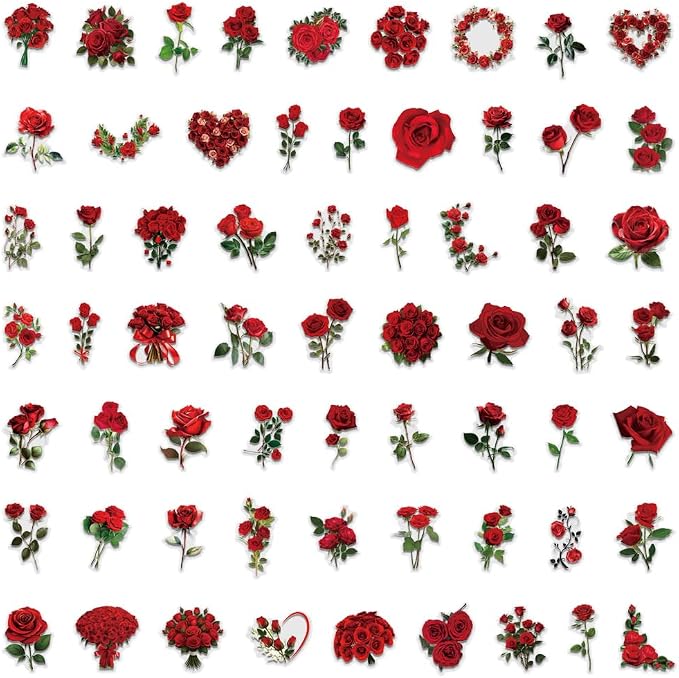 60 Pcs Red Rose PET Transparent Sticker | Self-Adhesive Scrapbooking Stickers Supplies Journal Stuffers for Card Making Letters DIY Water Bottles,Laptop,Guitar,Phone