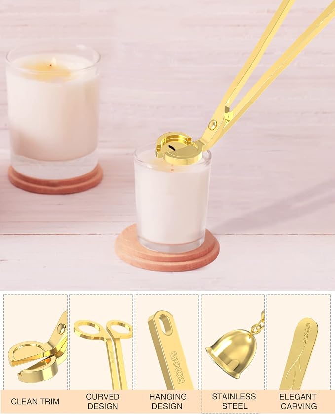 RONXS 3 in 1 Candle Wick Trimmer Set, Snuffer, Dipper, Cutter, Gold | Candle Care Accessory Kit, Stainless Steel, Trims Wick, Puts out Flame and Dips, Gift Box for Candle Lovers Home Decoration
