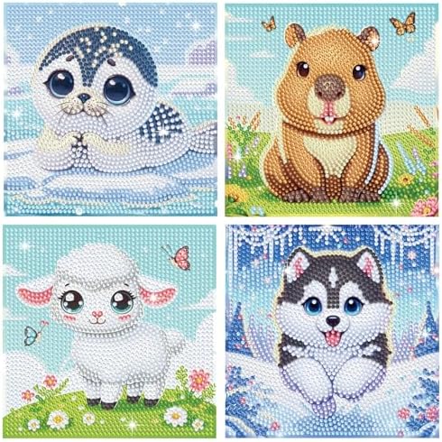 NANZHOO 4 Pack Diamond Art Kits Diamond Painting Kits for Beginners, 5D Cute Animals Diamond Art Gem Art Dimond Art Paintings, Mosaic Kits DIY Full Drill for Gift Home Wall Decoration, 6x6 Inch