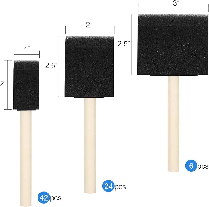 72 Pcs Foam Paint Brushes, Wood Handle Sponge Brushes for Staining, Varnishes, and DIY Craft Projects (1'', 2'' and 3'')