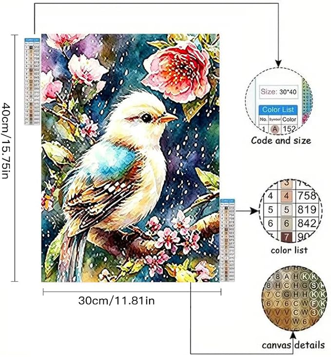 YUXUANKANG Diamond Painting Kit, Bird with Cherry Blossoms, 12x16 Inch, Multicolor Resin, DIY Craft for Adults