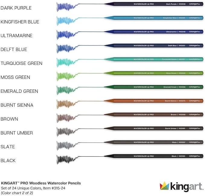 KINGART 315-24 Pro Artist Quality 24 Ct. Woodless Watercolor Pencil Set, 24 Soft Core, Pre-Sharpened Crayon Style Art Pencils, Use Wet or Dry, Professional to Beginner
