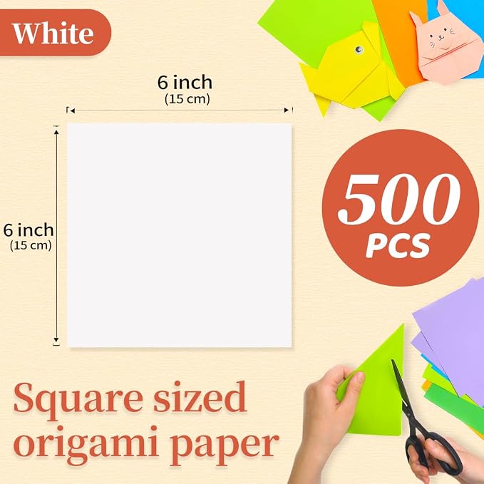IOOLEEM White Origami Paper, 500 Sheets, 6 Inch Square, Double Sided Colored Paper for DIY Crafts