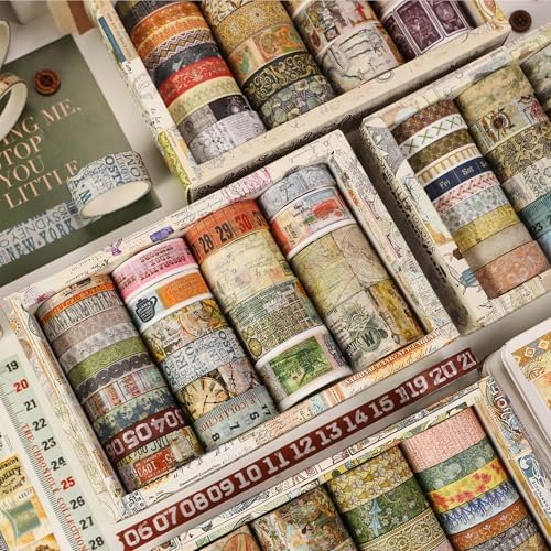 Vintage Washi Tape Set - 24 Rolls Arts Adhesive Tapes Assorted Retro Decorative Masking Tape Sets for Craft, Kids, Scrapbook, DIY, Gift Wrapping (7-Daily Vintage)