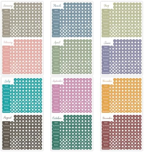 1917 Pcs Date Dot Stickers for Daily Planner Calendar Bullet Journal Notebook, Monthly Weekly Headings, Dates, Icons, 1/5 inch Dots, 10 Sheets