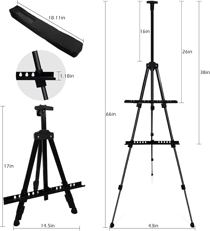 RRFTOK 17-66 Inch Adjustable Art Easel Stand for Painting and Sign, Black | Portable metal tripod easel for poster stand, display stand, canvas holder, adults and floor use