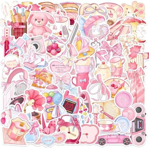 DothRayan 100PCS Coquette Pink Aesthetic Pack Stickers, Cute Bow Tie Girls Pink Sticker for Water Bottles,Laptop,Scrapbook Vinyl Waterproof Aesthetic Decals