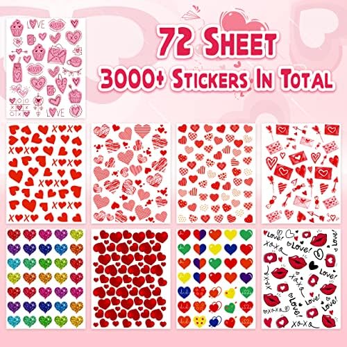 LINAYE Valentine Heart Stickers for Kids - 3000PCS Cute Love Stickers 72 Sheets for Cards, Envelopes, Craft, Scrapbooking - Party Supplies Favors for Girls Boys