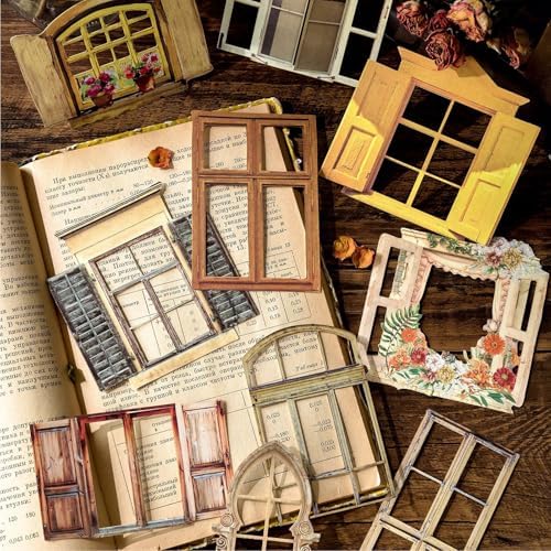60PCS Vintage Hollowed Window Frame Stickers Cutout Texture Scrapbook Paper Decorative Sticker Retro Scrapbooking Materials Journaling Supplies for Junk Journal Planner Card Gift Wraps Craft