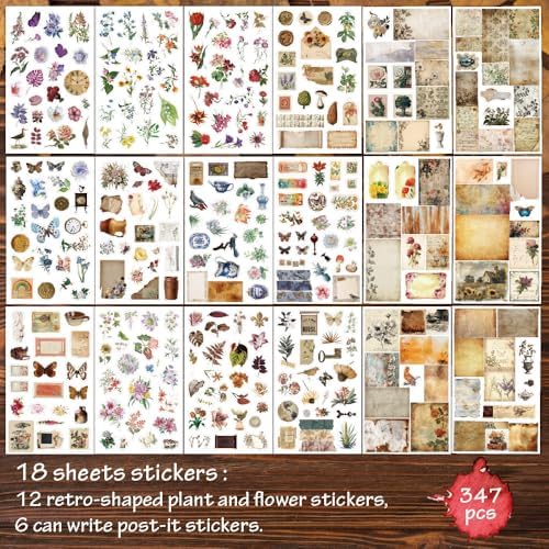 Vintage Cottagecore Stickers Set - 38 Sheets Retro Floral, Botanical Animal Washi Stickers & Writing Antique Scrapbook Paper for Journaling, Crafting, Art Projects
