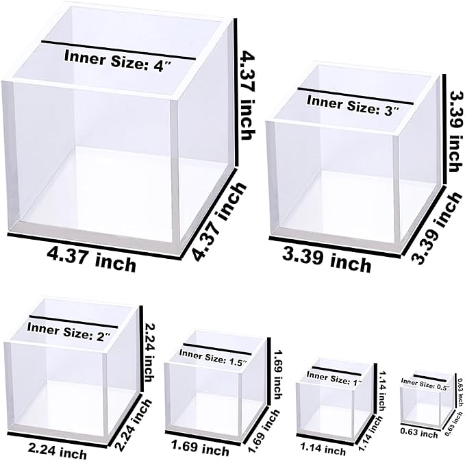 RESINWORLD Set of 4, 3", 2", 1.5", 1", 0.5" Clear Silicone Cube Molds, Large Deep Square Epoxy Resin Mold, Transparent Cube Silicone Molds for Resin Casting