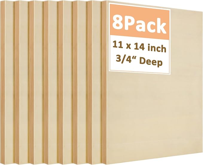 8 Pack Wood Canvas 11 x 14 inch Unfinished Wooden Panels Board Cradled Wood Panels for Painting, Arts, Pouring Use with Oils, Acrylics