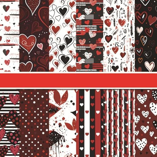 12in Valentine Decorative Scrapbook Paper Pad - 24 Sheets Black Hearts Patterns Designed Collage Supplies for Journaling Folded Card Making DIY Crafts Gift Wrapping Material