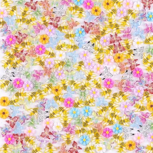 Anboor 250Pcs Mini Resin Butterflies Bees Flowers for Crafts Miniature Resin Animals for Fairy Garden Dollhouse Micro Landscaping