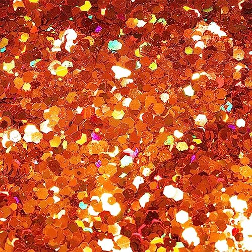 HEMOER Pumpkin Orange Glitter, 100g/3.5oz Holographic Chunky Glitter Mixed Hexagon Chunky & Fine Flakes Thanksgiving Sequins for Epoxy Crafts, Resin, Nail Body, Tumblers, Festival Party