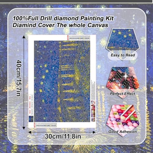 VeGuude Diamond Painting Kits for Adults, Van Gogh Starry Night over the Rhône Diamond Art for Beginner DIY Round 5D Paint with Diamonds Gem Full Drill Diamond Dots for Home Wall Decor Gifts 16x12inch