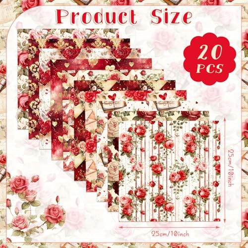 HunnmingRe 20 Pcs 10''x10'' Vintage Valentines Quilting Fabric Square Bundle Love Heart Precuts Quiltted Fabric Red and Pink Rose Printed Patchwork Supplies for DIY Material Sewing Craft Strips