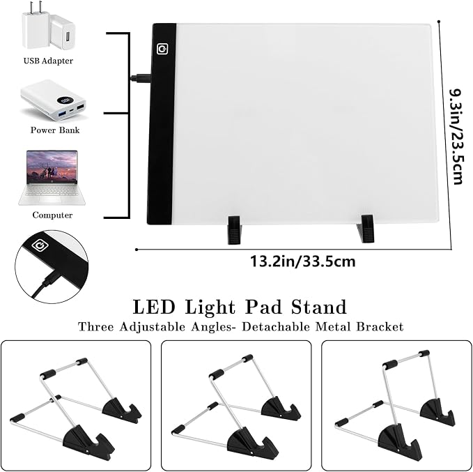 Ratukall A4 LED Light Pad for Diamond Art, USB Powered Light Board Kit | Adjustable Brightness Tracing Light Box with Diamond Painting Accessories & Tools, Includes Storage Case, Drill Pens & Stand