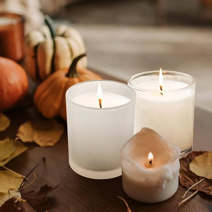 SHOWIN Thick Candle Jars for Making Candles 12 Pcs, 7 OZ Empty Jars with Wood Lids for Candle Making, Sample Container, Frosted White