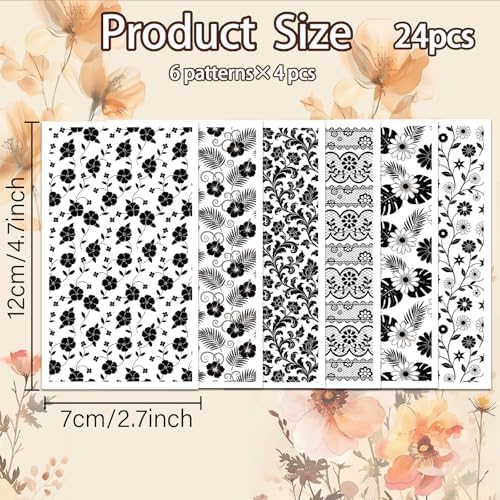 OLYCRAFT 24Pcs Black Flowers Clay Transfer Paper 6 Design White Watercolor Floral Transfers Paper for Polymer Lace Polymer Clay Transfer Sheets Small Ceramic Decal for Clays Earrings Jewelry Making