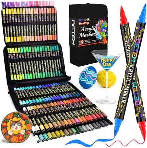 Betem 120 Colors Paint Markers for Glass, Dual Tip Acrylic Paint Pens