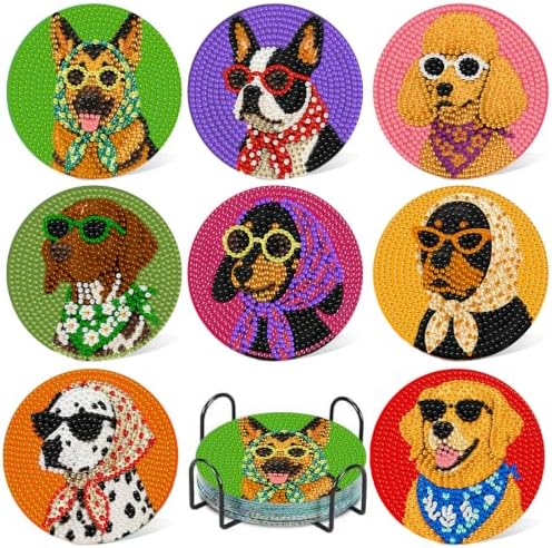 CRZMODE 8 Pcs Dog Diamond Art Coasters Kits, Diamond Painting Coasters with Holder Set of 8, DIY Dog Art Crafts Supplies for Adults Cup Mat House Warming Gifts Non-Slip