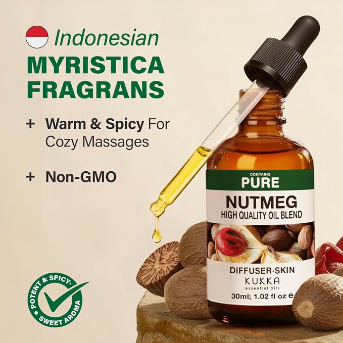 Kukka 100% Pure Nutmeg Essential Oil for Skin, Diffuser, 1.02 Fl Oz | Nutmeg Oil for Massage, Focus & DIY, Warm Spicy Aroma for Mental Clarity & Comfort