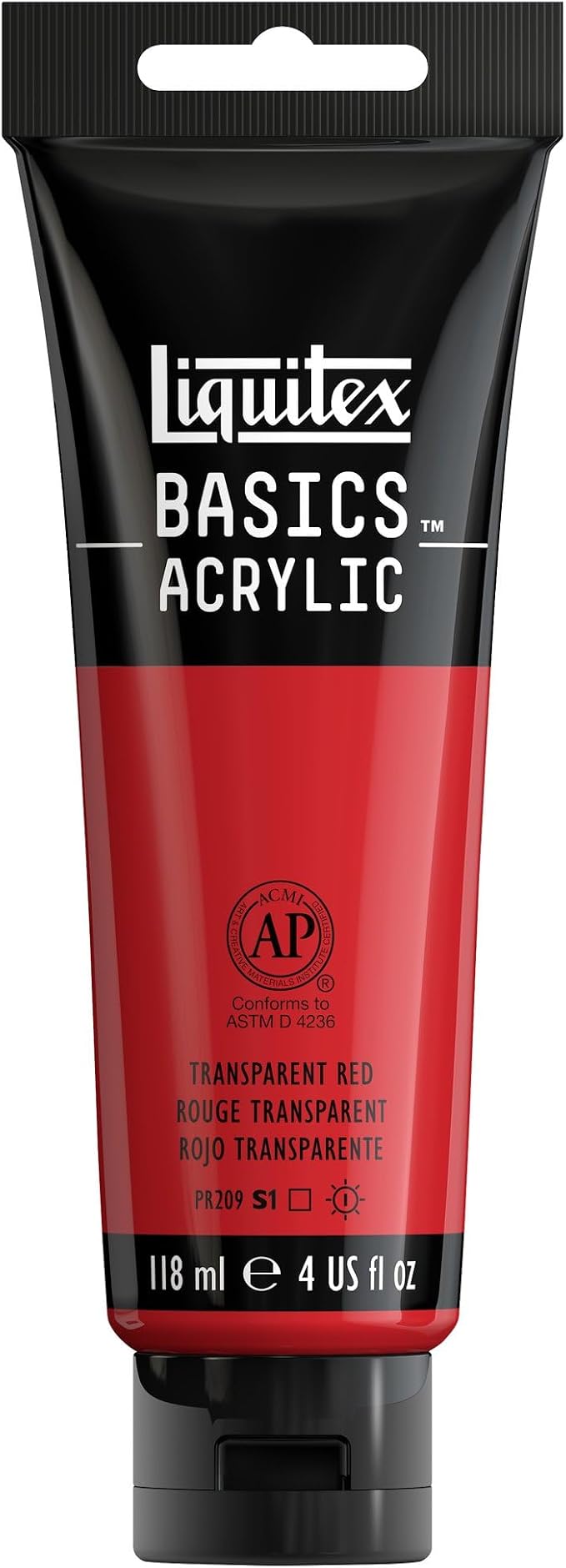 Liquitex BASICS Acrylic Paint, 4-oz Tube, Transparent Red | Medium Viscosity, Satin Finish, Lightfast, Fine Art Pigments, Range of Opacities, Easy Blending