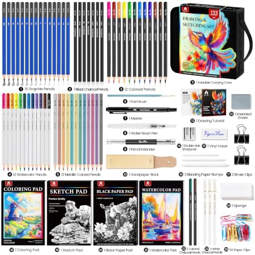 133 PCS Art Supplies Sketching Kit, Pro Drawing Pencils Art Kit Adults Gift