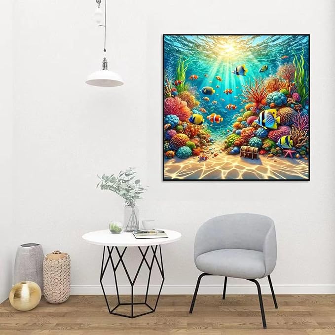 Fish Diamond Art Kits for Adults,5D Sea Coral Reef Landscape Diamond Painting Kits for Adults Beginner,DIY Full Drill Diamond Dot Painting Gem Art Kits for Adult,Home Wall Decor 13.79 X 13.79Inch