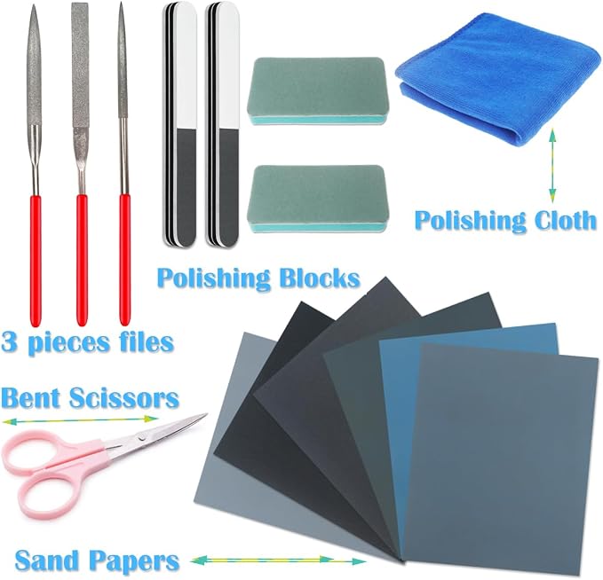 Sakolla15 Pcs Resin Casting Tools Set - Include Sand Papers, Polishing Blocks, Polishing Cloth, Round File, Semicircular File, Flat File and Scissors for Polishing Epoxy Resin Jewelry Making Supplies