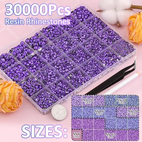 30000Pcs Dark Purple Rhinestones for Bedazzling with B7000 Jewelry Glue, Bedazzler Kit Bulk Flatback Gems, Resin Rhinestones for Crafting Crafts Clothing Shoes Nail Art Assorted Size 2/3/4/5/6mm