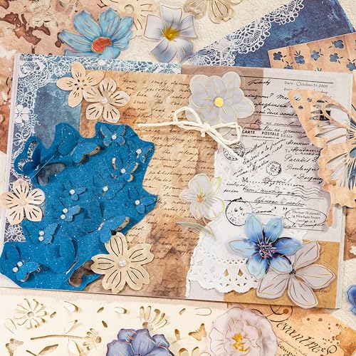 Mayplous 4 Packs Flower Lace Cutouts Decorative Paper & Sticker Set Floral Butterfly Plant Shapes Scrapbooking Die-Cut Paper Shiny Stickers for Journal Card Making Collage Craft (Sophie)