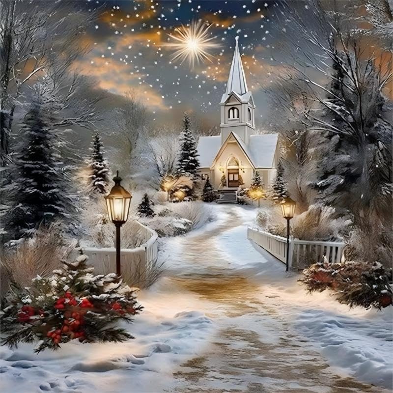 WNPOKN Christmas Winter Church Diamond Art Kits for Adults 13.8x13.8Inch