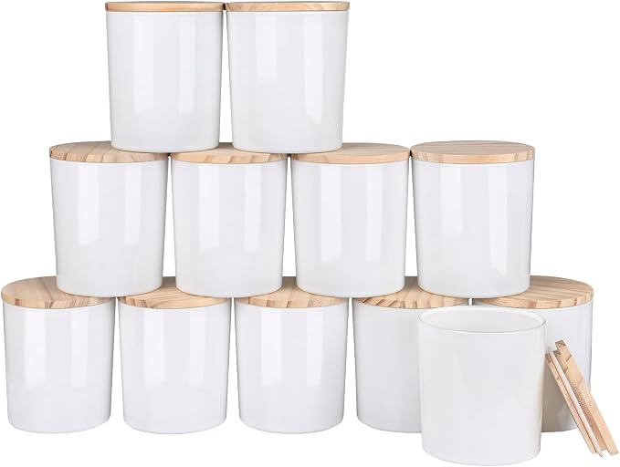 SHOWIN Thick Candle Jars for Making Candles 12 Pcs, 14 OZ Empty Jars with Wood Lids for Candle Making, Sample Container, Glossy White