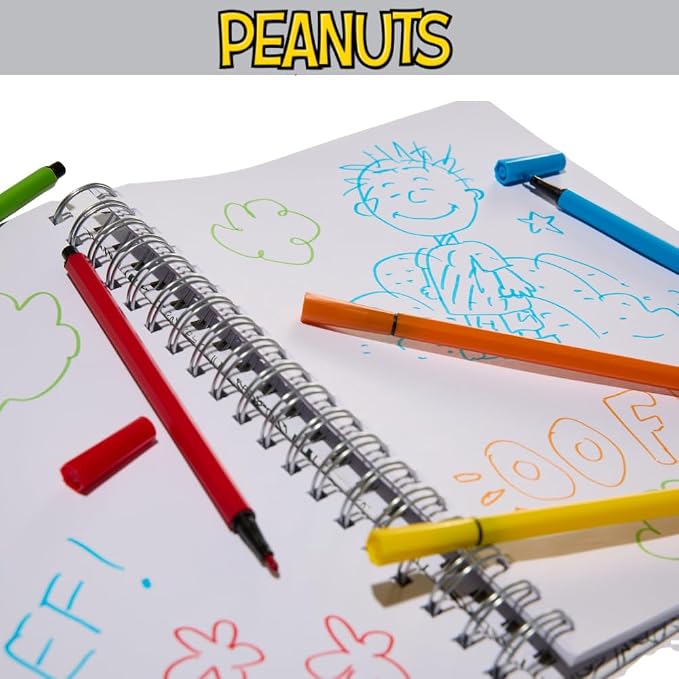 Peanuts Gang Sketchbook for Kids with Washable Markers, 86 Blank Pages Spiral Bound, Snoopy