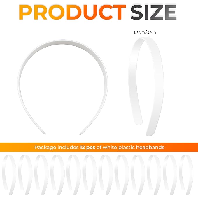 12 Pack 1/2 Inch White No Teeth Smooth Headbands, Girls Plastic Hair Accessories for DIY Crafting Styling