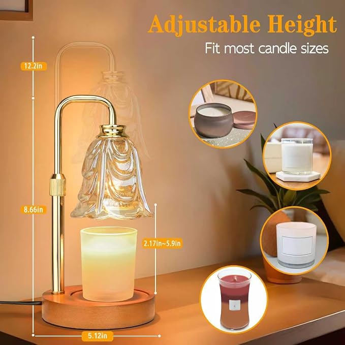 XJZJY Amber Glass Flower Candle Warmer Lamp with Timer, Vintage Home Decor | Dimmable wax melt warmer with 2 bulbs for jar candles, height adjustable, Amber tulip design, home decor, housewarming gifts